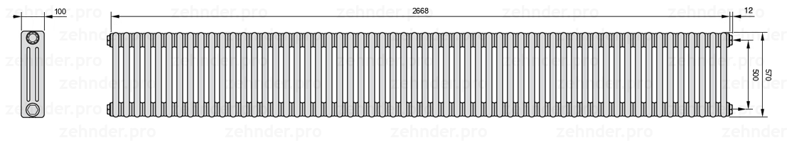 Схема (чертеж) Радиатор Zehnder Charleston 3057/58 №7610 Белый глянцевый RAL 9016
